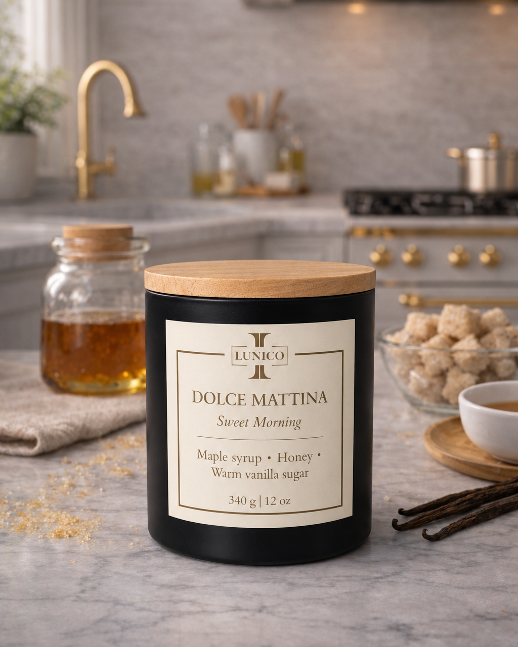 Lunico Dolce Mattina candle on a kitchen counter with kitchen items in the background