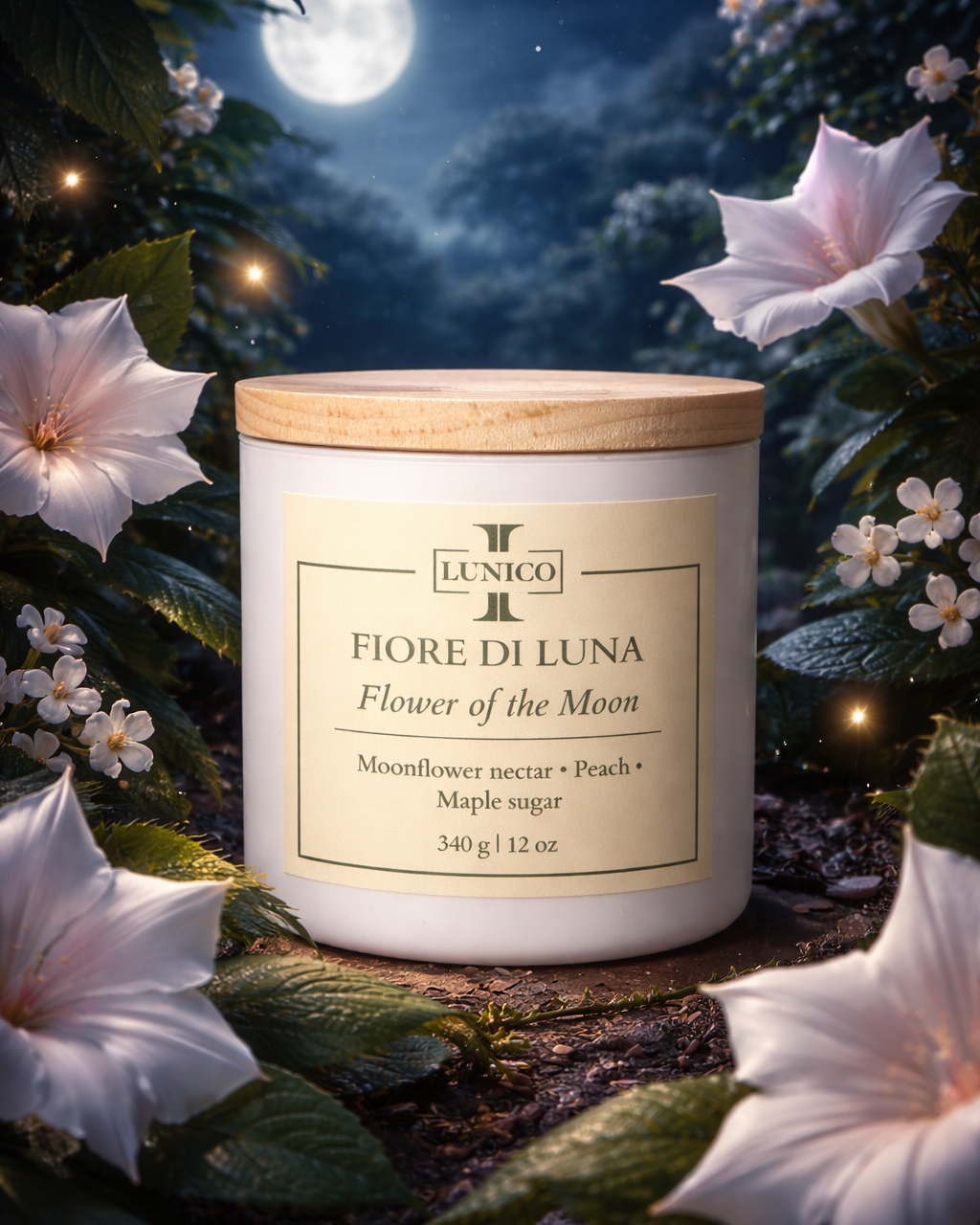 Candle labeled 'Fiore di Luna' surrounded by flowers and a moonlit night background