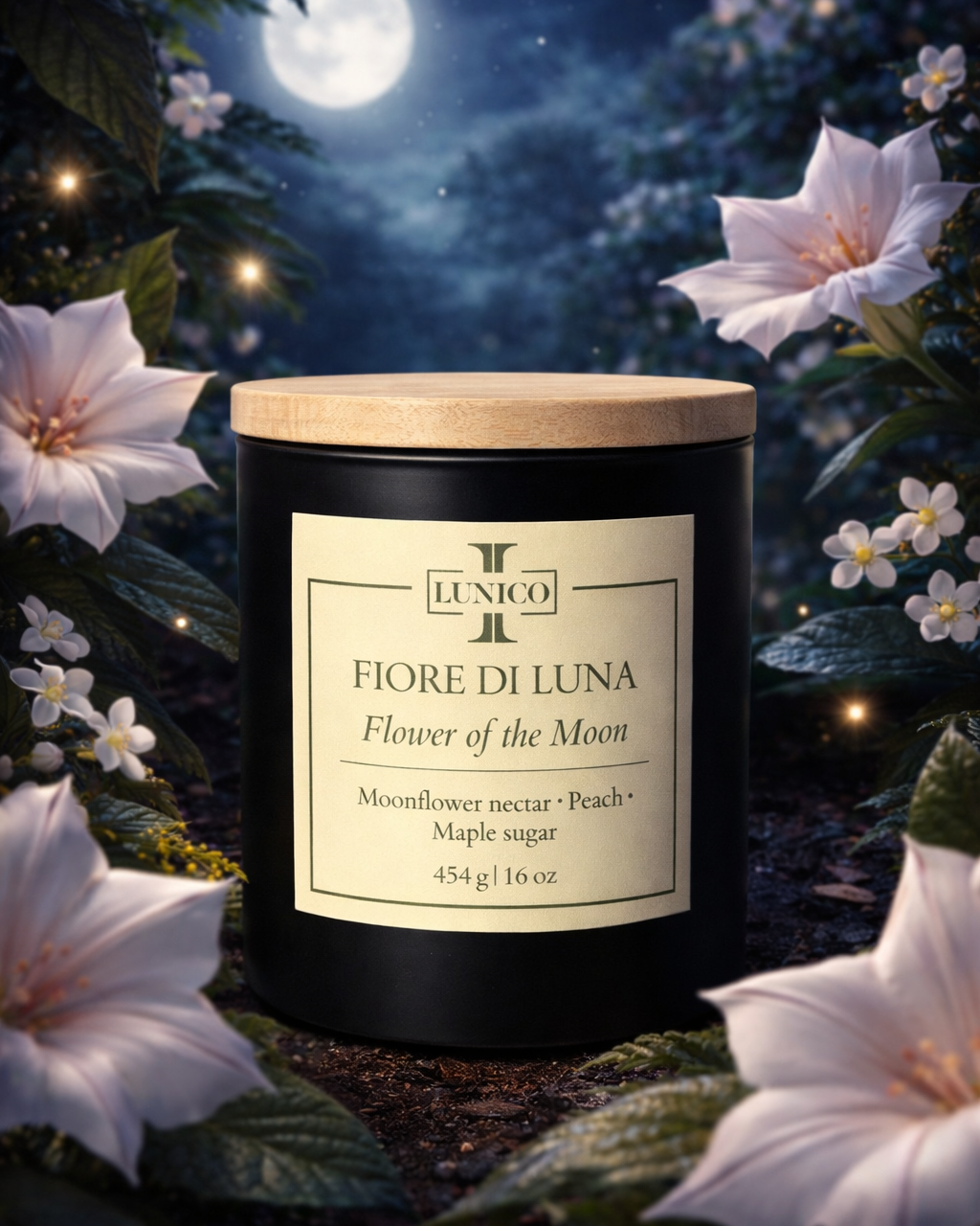 Candle labeled 'Fiore di Luna' surrounded by flowers and a moonlit night background